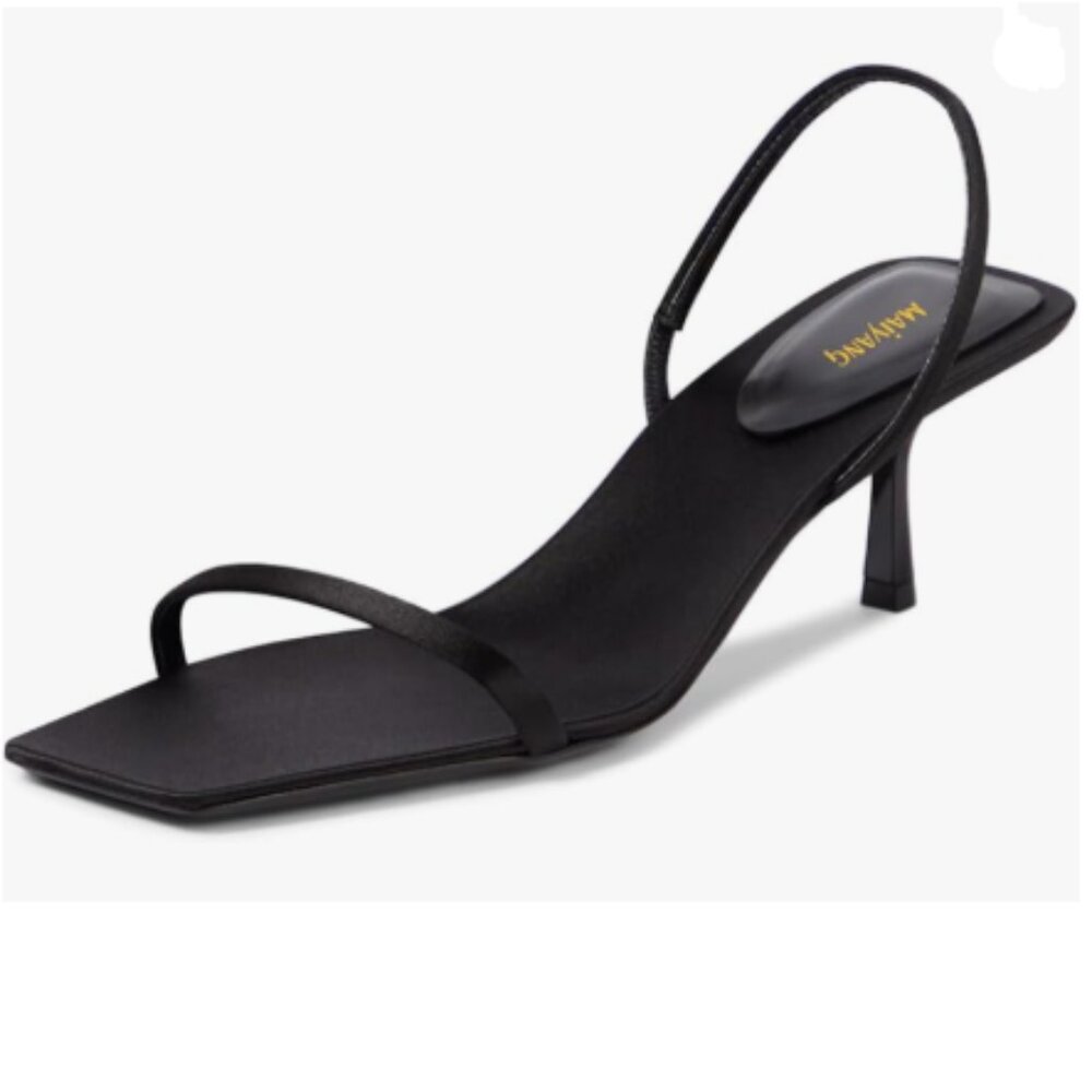 Maiyang Black Open Square Toe Slingback Satin Elastic Backstrap Mid Heel Sandals